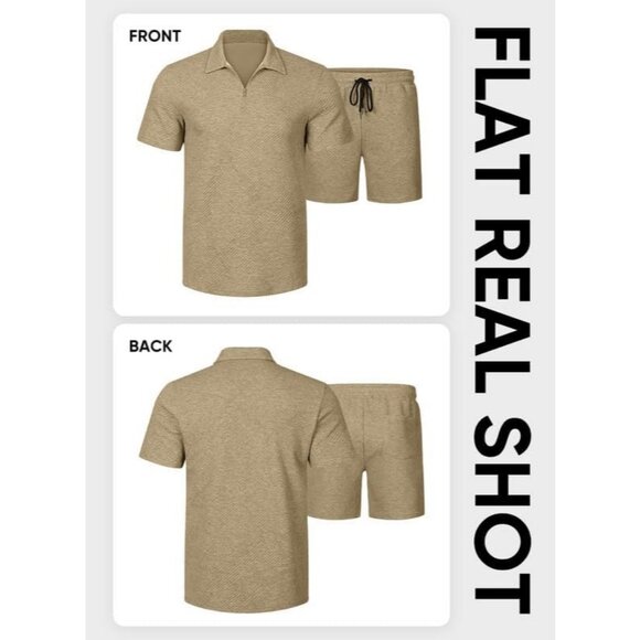 Men Brown Polo Geometric Texture Casual Shirt & Shorts Set Outfits Sweat Suits - Picture 6 of 9